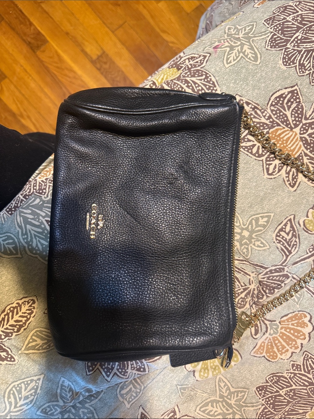 Coach Black Pebbled Leather Messenger with Gold Chain Accent